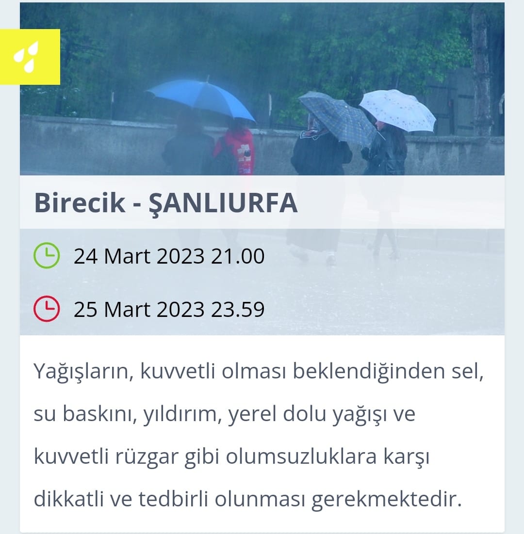 Şanlıurfa için Meteorolojik Uyarı; (24 – 25 Mart )