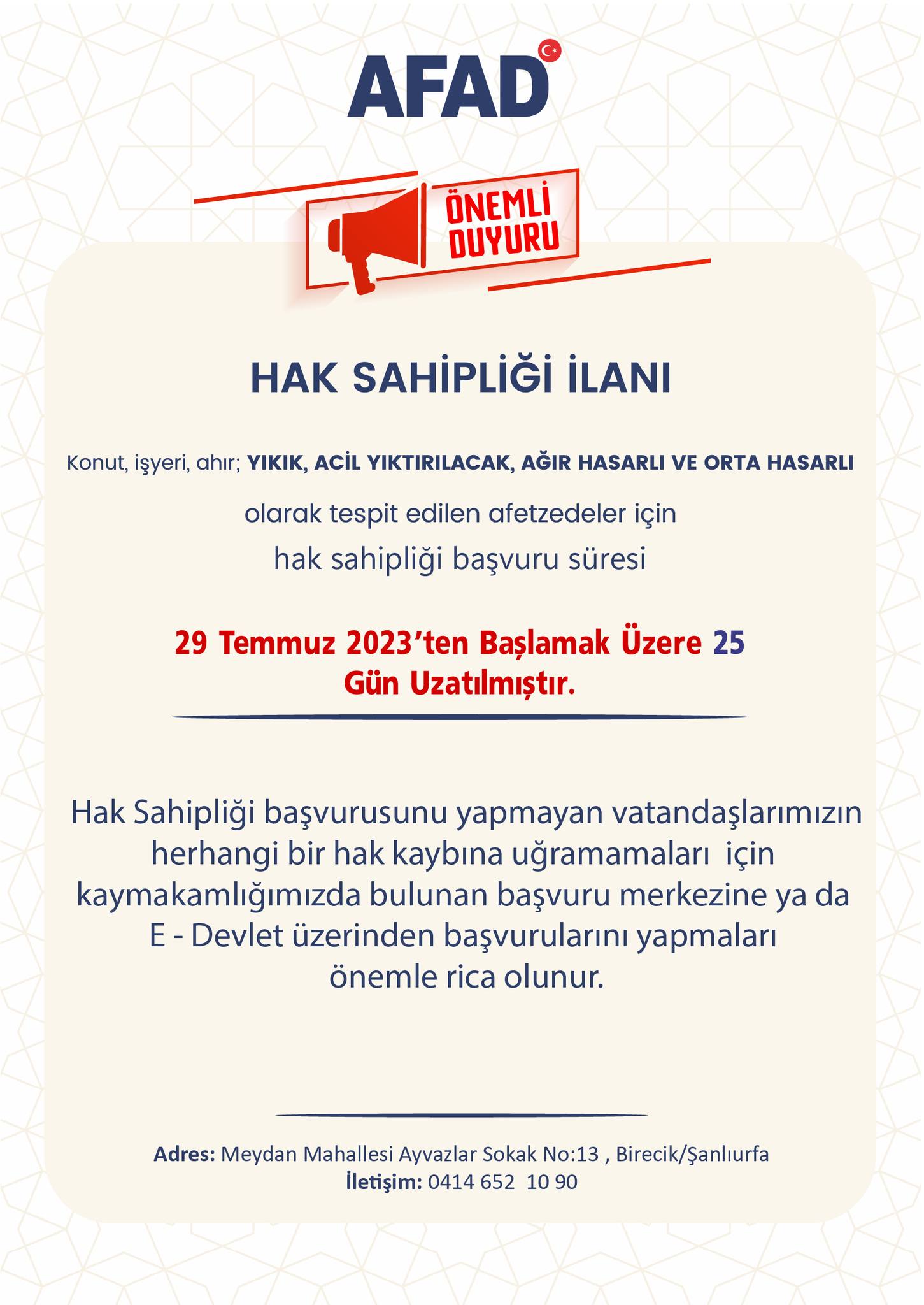 HAK SAHİPLİLİĞİ BAŞVURU SÜRESİ UZATILDI